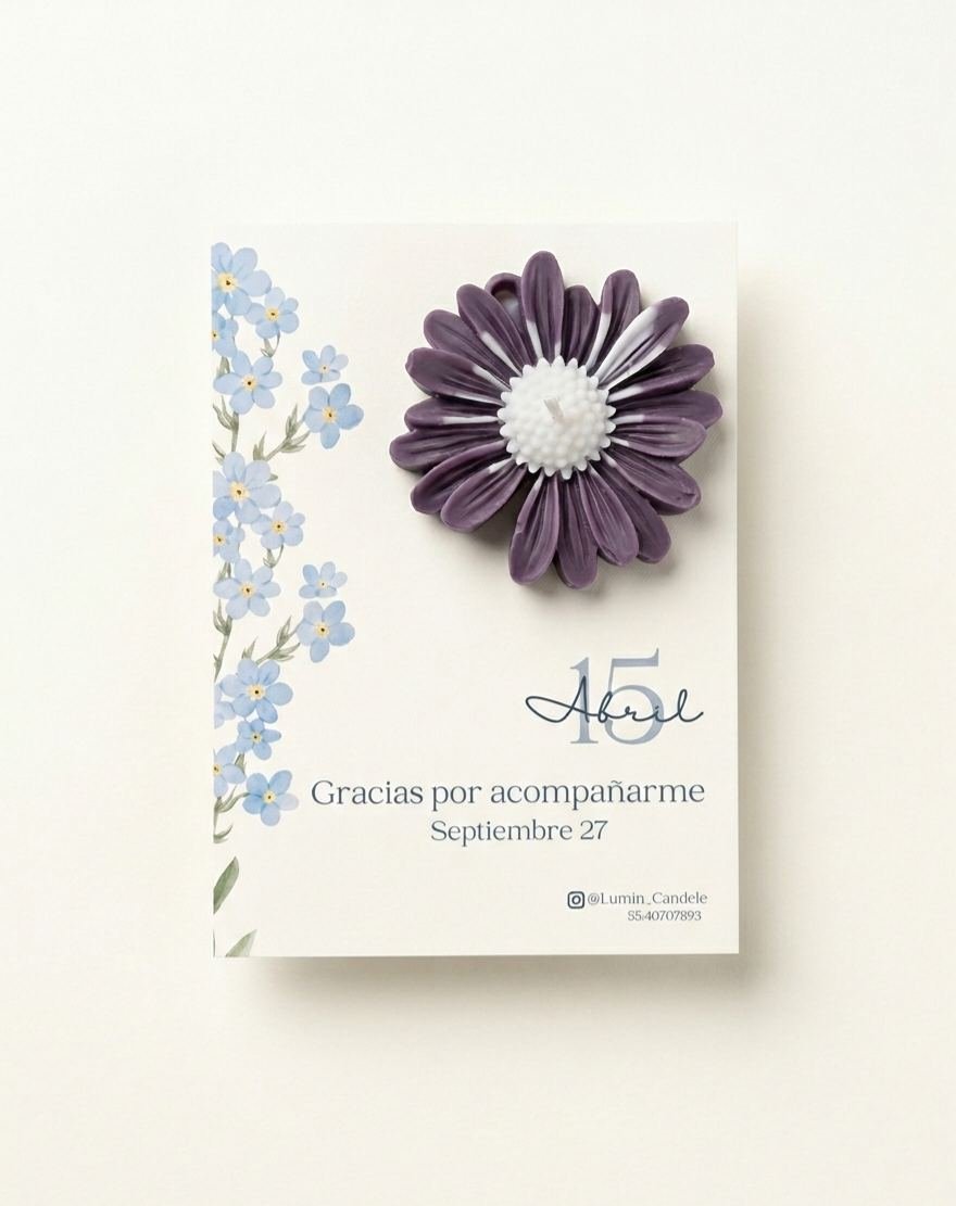 Vela de flor personalizada para XV años, tarjeta Lumin Candele