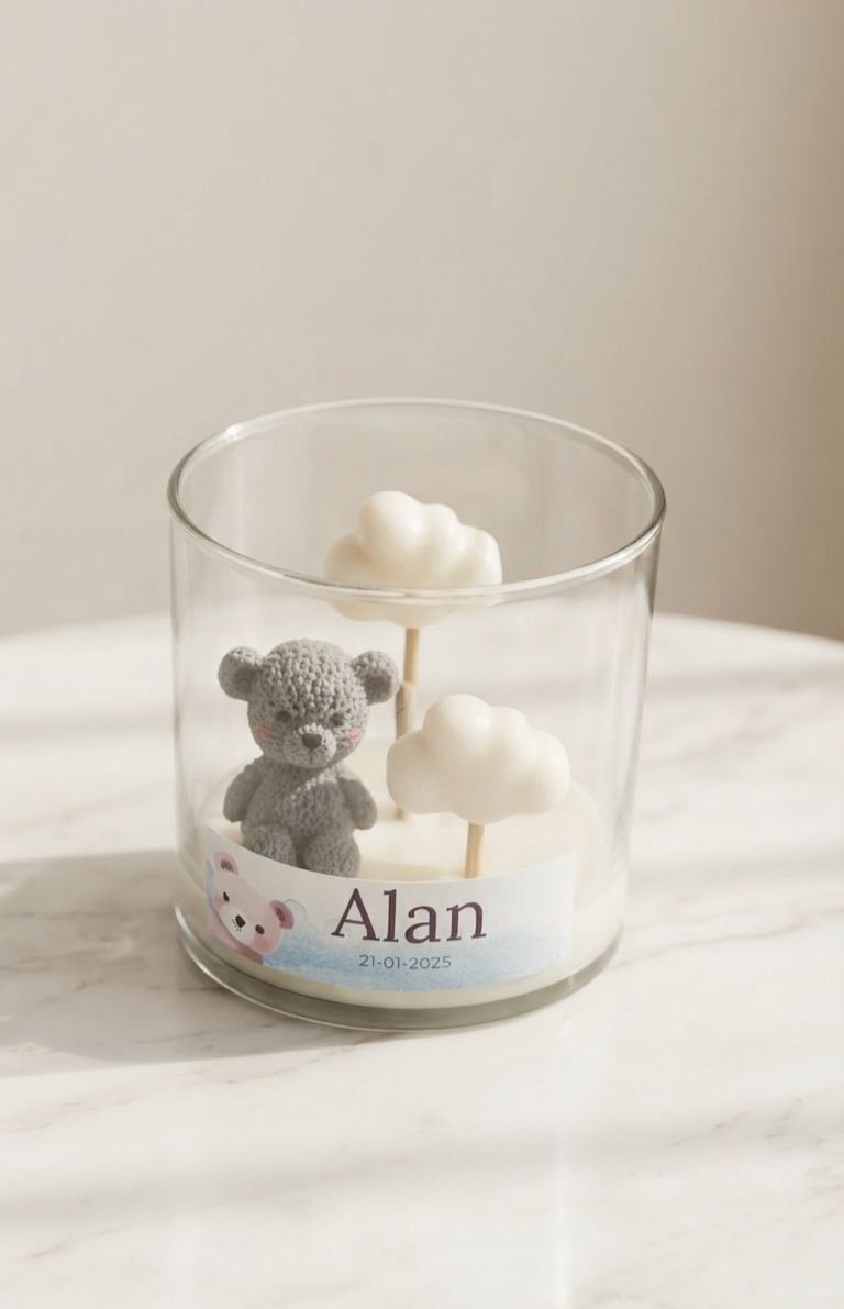 Vela de recuerdo de nacimiento personalizada, Alan, con osito de crochet