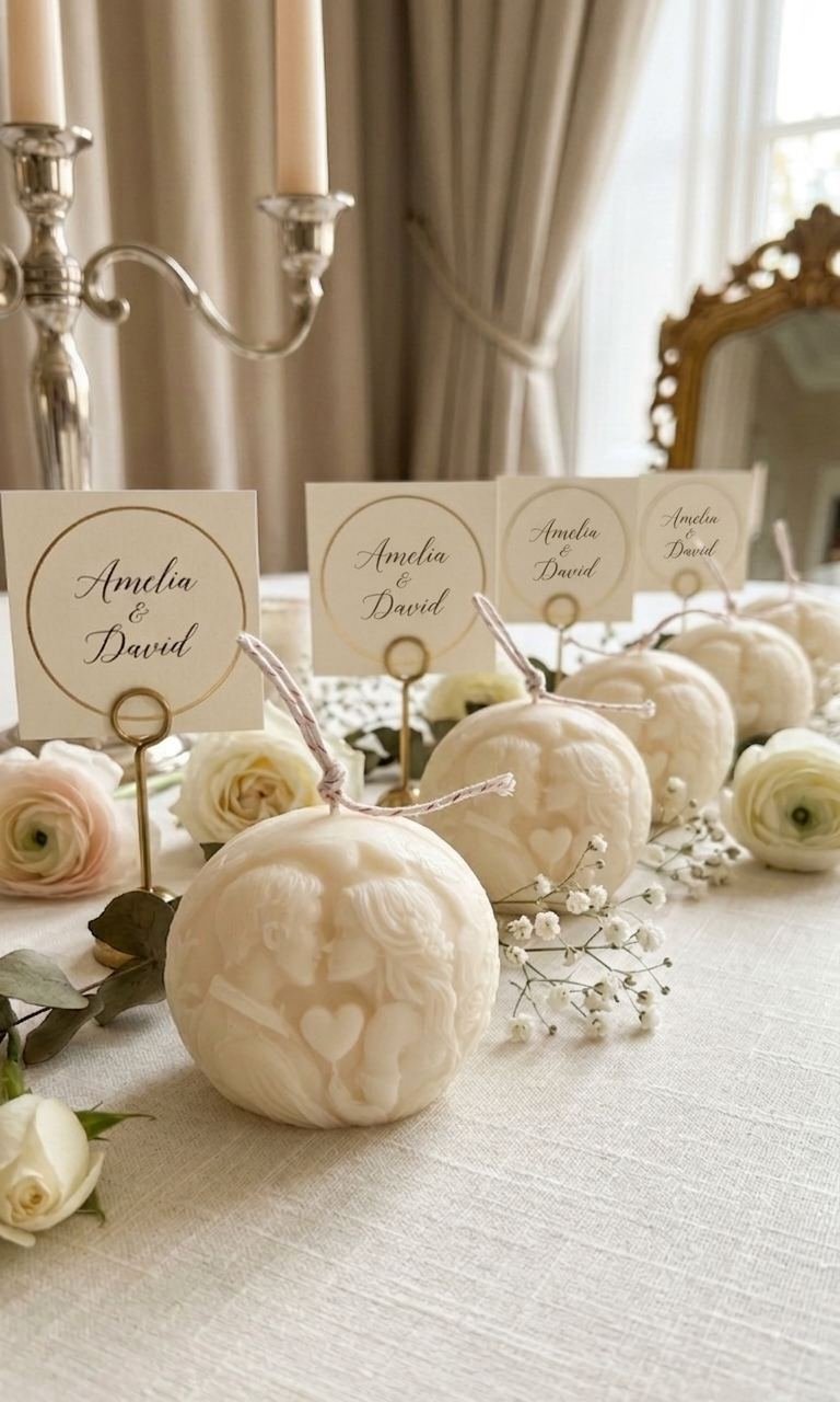 Referencia de vela esférica grabada para boda con tarjetas de lugar