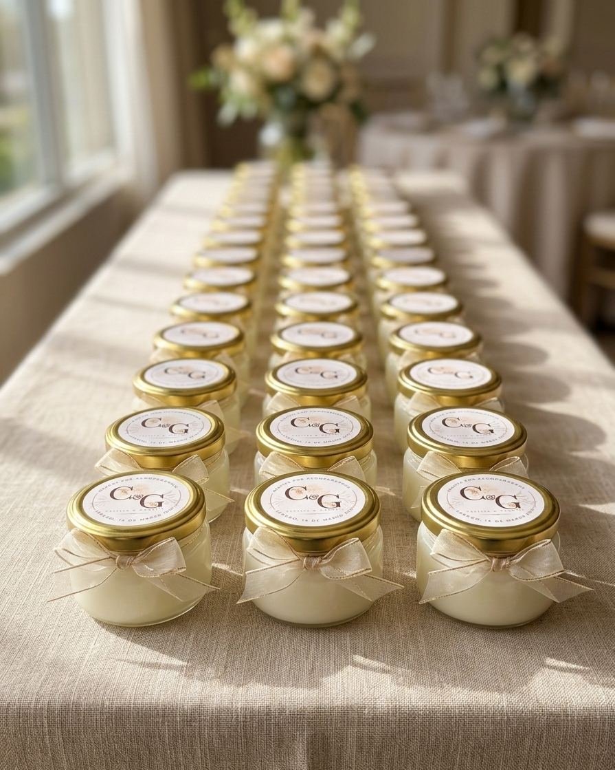 Referencia de velas personalizadas de boda en fila sobre mesa de banquete